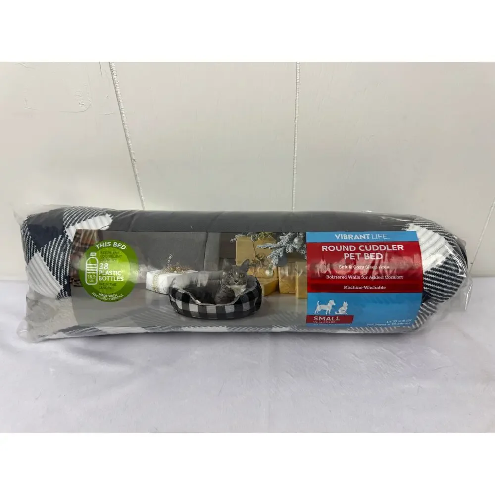 Vibrant Life Round Cuddler Small Dog / Cat Bed Black and White Plaid 19